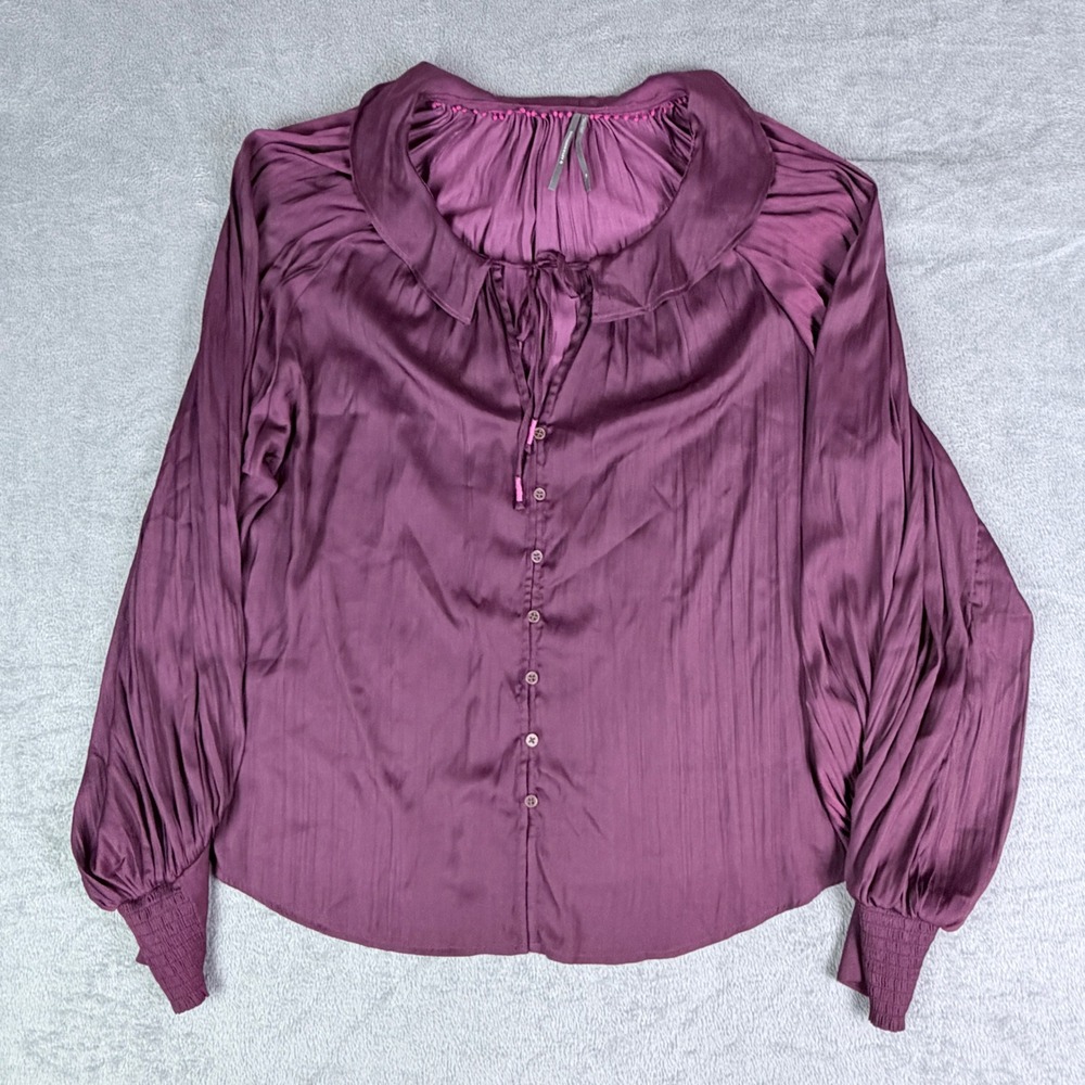 Anthropologie Plum Purple Pleated Satin Boho Blouse Button Front 1X Long Sleeve